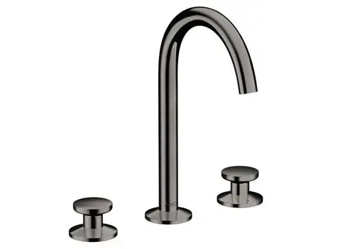 Waschtischarmatur von AXOR mit drei Löchern, einem hohen, gebogenen Auslauf und zwei Bedienknöpfen aus Metall in polierter schwarzer Chrom-Optik.